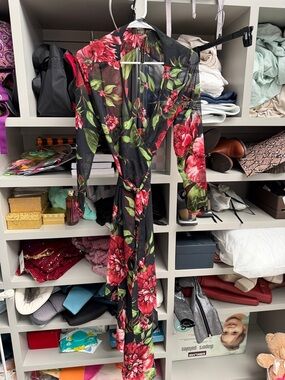 Fashion Nova Black Sheer Floral Wrap Jumpsuit with Red & Green Print
